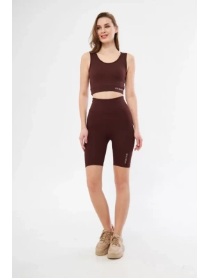 Yüksek Bel Fitilli Croplu Biker Şortlu Takım  Bordo