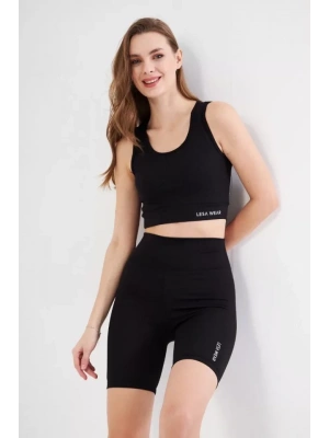 Yüksek Bel Fitilli Croplu Biker Şortlu Takım  iyah