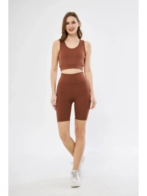 Yüksek Bel Fitilli Croplu Biker Şortlu Takım  Kahve