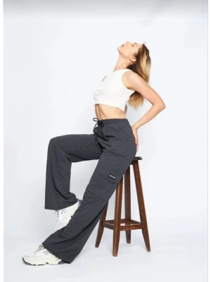 Yüksek Bel Kargo Cepli Palazzo Pantolon Oversize Bol Paça İki İplik Rahat Kesim  Antrasit