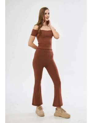 Yüksel Bel Fitilli İspanyol Paça Tayt  Kahve