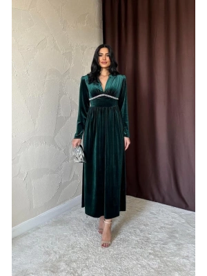 Zümrüt Göğüs Altı Taşlı Elbise