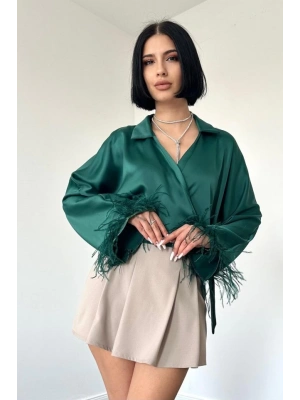 Zümrüt Kolları Tüylü Saten Crop
