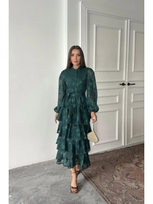Zümrüt Valonlu Şeritli Kat Kat Elbise