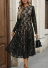 Kadın Uzun Kollu Bisiklet Yaka Dantelli Astarlı Midi Elbise