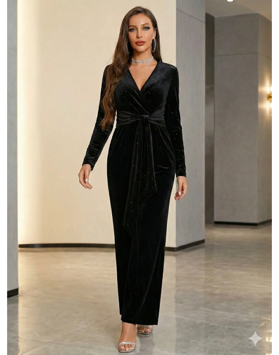 Kadın Uzun Kollu Kruvaze Yakalı Belden Kuşaklı ışıltılı Kadife Tulum