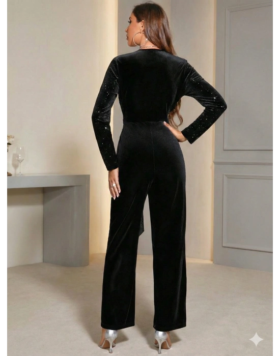 Kadın Uzun Kollu Kruvaze Yakalı Belden Kuşaklı ışıltılı Kadife Tulum