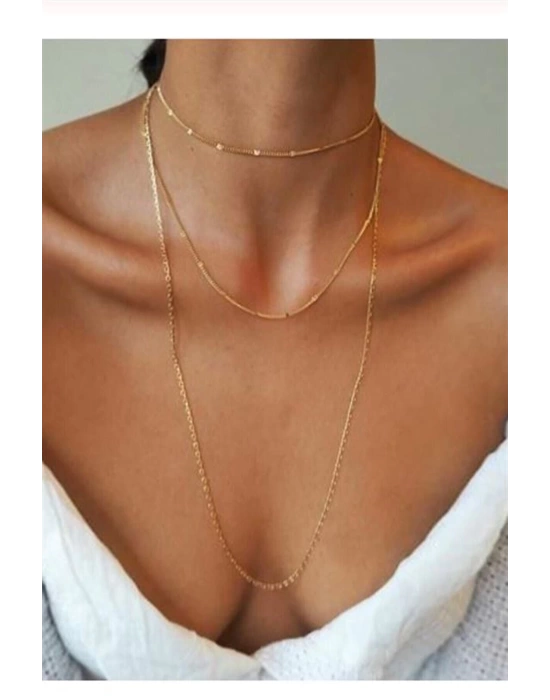 Kadın Üçlü Şeri Zincir Kolye Gold Kaplama Katmanlı Kolye Choker Uzun Çoklu Kolye