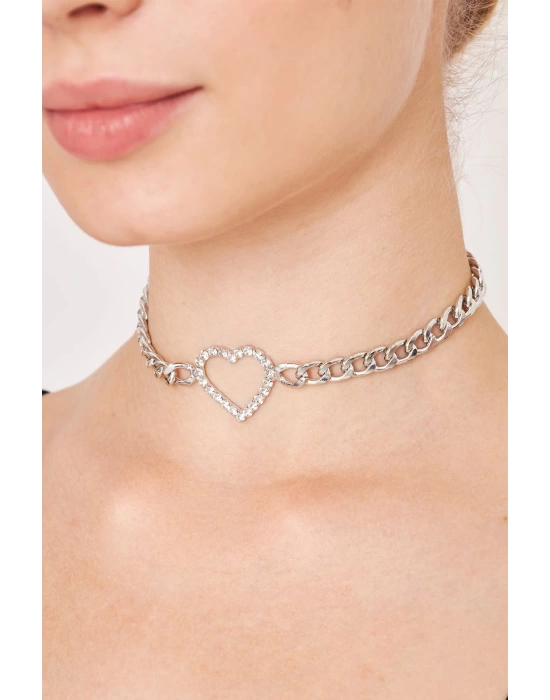 Kadın Kalın Zincirli Ortası Kalp Model Kristal Zirkon Taşlı Gümüş Kaplama Gerdanlık Tasma Choker