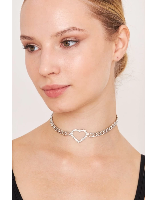 Kadın Kalın Zincirli Ortası Kalp Model Kristal Zirkon Taşlı Gümüş Kaplama Gerdanlık Tasma Choker