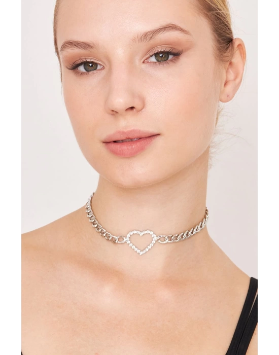 Kadın Kalın Zincirli Ortası Kalp Model Kristal Zirkon Taşlı Gümüş Kaplama Gerdanlık Tasma Choker