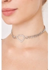 Kadın Kalın Zincirli Ortası Kalp Model Kristal Zirkon Taşlı Gümüş Kaplama Gerdanlık Tasma Choker