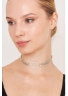 Kadın Kalın Zincirli Ortası Kalp Model Kristal Zirkon Taşlı Gümüş Kaplama Gerdanlık Tasma Choker