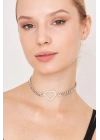 Kadın Kalın Zincirli Ortası Kalp Model Kristal Zirkon Taşlı Gümüş Kaplama Gerdanlık Tasma Choker