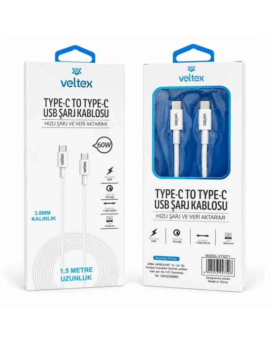 1.5 Metre 60W PD Type-C to Type-C Hızlı Şarj ve Data Kablosu VTX-071