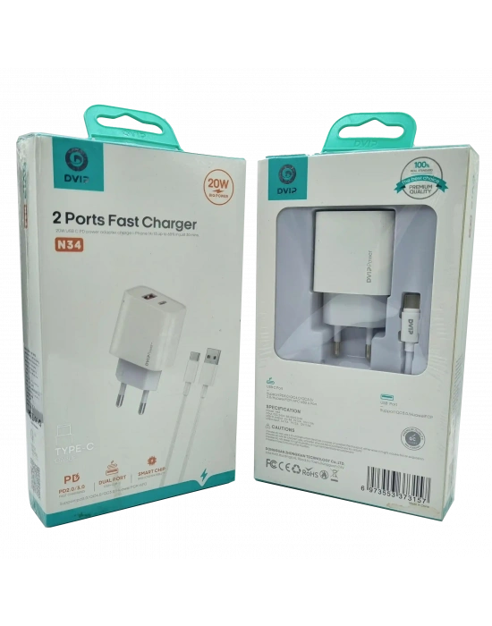20W + 18W PD Çift Girişli Şarj Seti Usb Type-C DVIP N34
