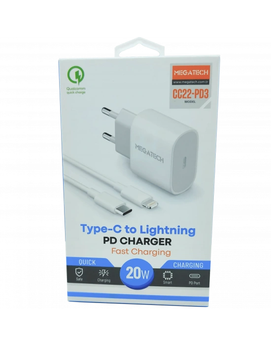 20W PD TYPE-C To İphone Şarj Aleti Megatech CC22-PD3
