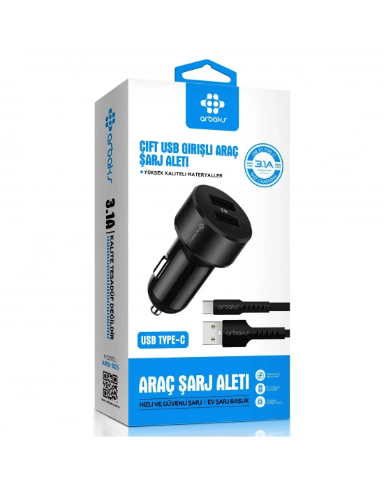 3.1A Çift Usb Girişli (Type-c) Kablolu Araç Şarj Aleti Arbaks ARB-605