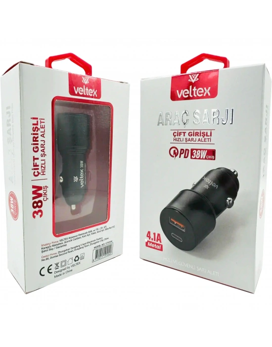 4.1A 38W PD + QC3.0 USB Hızlı Araç Şarj Metal Başlığı Veltex VTX-104