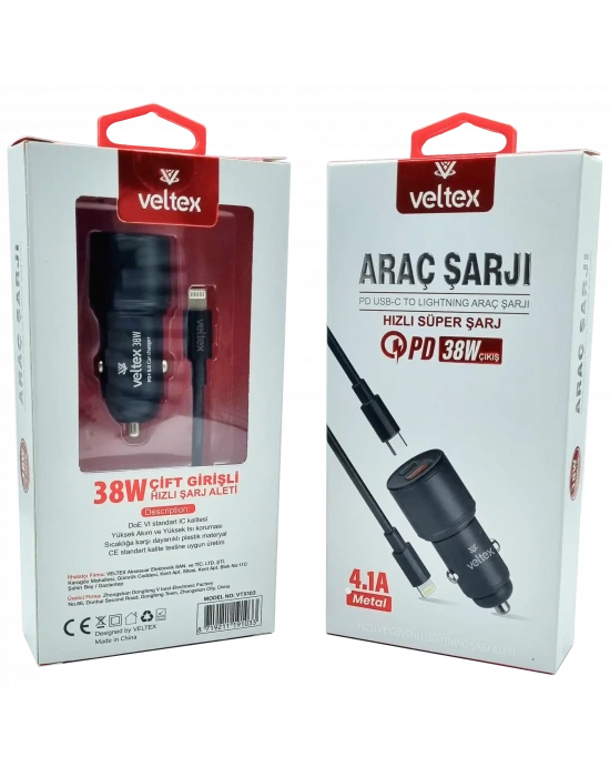 4.1A 38W PD To Lightning Metal Araç Şarj Aleti Veltex VTX-103