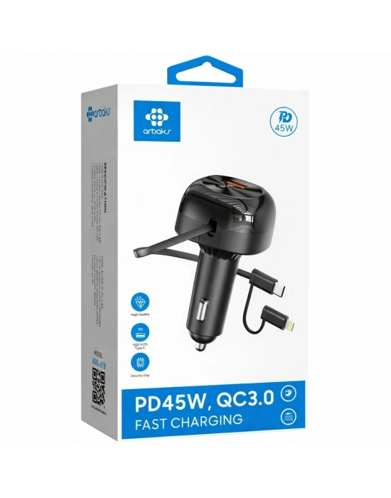 45W PD + QC3.0 Araç Şarj Aleti – Type-C & Lightning Kablolu Arbaks ARB-618