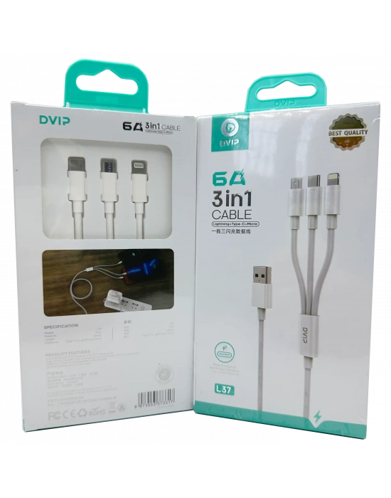 6A (iPhone-TYPE-C-Micro) 3 ü 1 Arada Şarj Kablosu Dvip L37