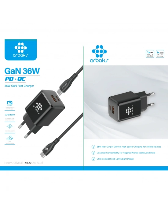 GaN Teknoloji 36W PD Type-C to Type-C Şarj Kablosu – ARB-016 Siyah
