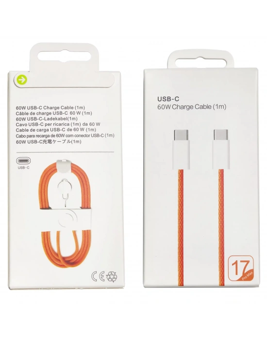 iPhone 17 Pro Max Uyumlu 60W Type-C to Type-C Hızlı Şarj Kablosu 1m Turuncu