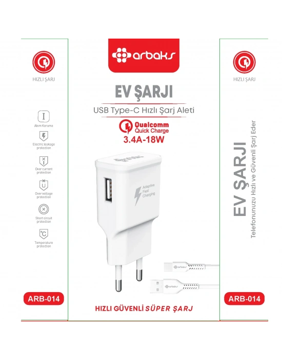 TYPE-C / 3.4A-18W Qualcomm Hızlı Şarj Aleti Arbaks ARB-014