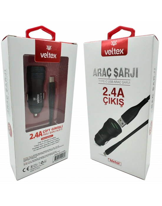 TYPE-C Metal Araç Şarj Seti + Kablo Veltex Vtx-028