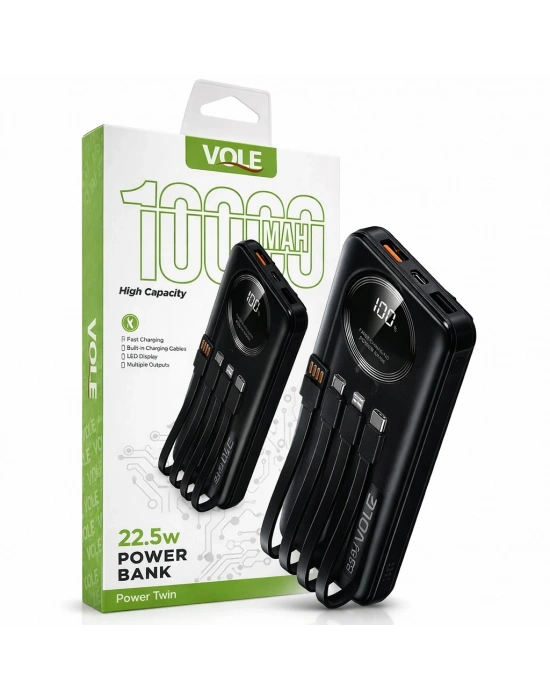 VOLE 10000mAh 22.5W Hızlı Şarjlı Dahili Kablolu Powerbank (LED Göstergeli)