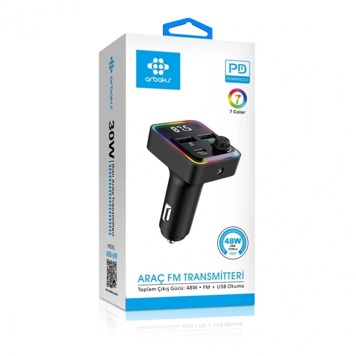 Arbaks ARB-619 48W PD30W QC3.0 7 Renkli Bluetooth Araç FM Transmitter