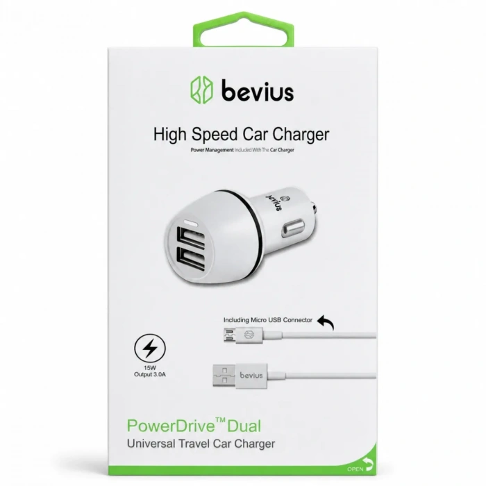 Micro USB Beyaz 15W Çift USB Kablolu Araç Şarj Cihazı Bevius BVS-AU514