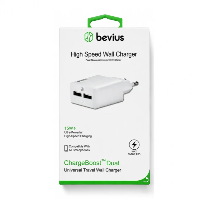 Çift USB Beyaz 15W Duvar Şarj Cihazı Bevius BVS-CH406