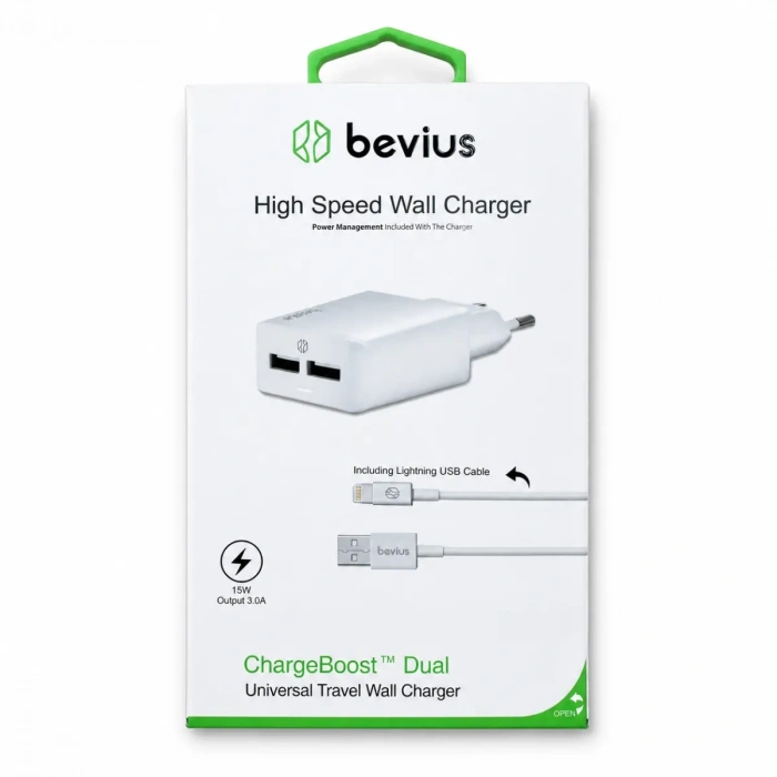 Lightning Beyaz 15W Işıklı Çift USB Kablolu Duvar Şarj Cihazı Bevius BVS-CH407