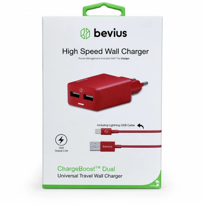 Lightning Kırmızı 15W Işıklı Çift USB Kablolu Duvar Şarj Cihazı Bevius BVS-CH407