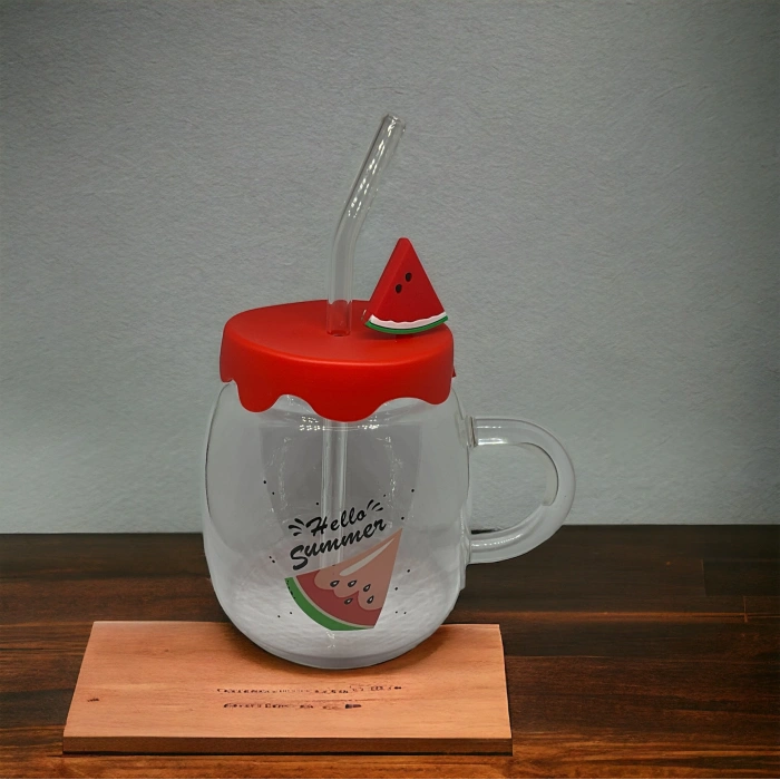 Karpuz Tasarımlı  Cam Kupa Bardak - 450 ml - Silikon Kapaklı - Pipetli