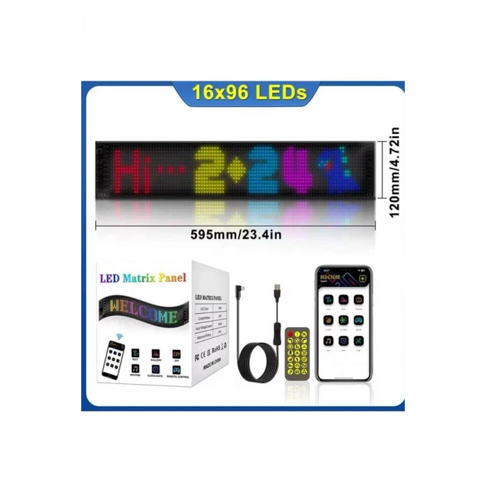 Led Matrix Bluetooth Bağlantılı Araç Camına Uygun Pixsel Görünümlü 16X96 pixel - Lisinya