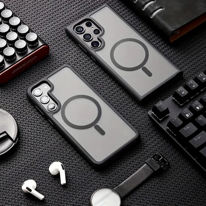 Samsung S24 Ultra – Kılıf Metal Tuşlu Sert PC Arka Yüzey Wireless Şarj Özellikli Flet Magsafe Kılıf