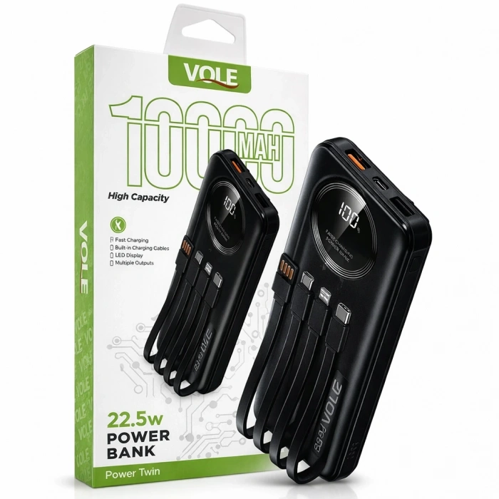 VOLE 10000mAh 22.5W Hızlı Şarjlı Dahili Kablolu Powerbank (LED Göstergeli)