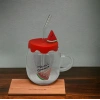 Karpuz Tasarımlı  Cam Kupa Bardak - 450 ml - Silikon Kapaklı - Pipetli