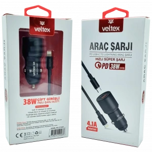 4.1A 38W PD To Lightning Metal Araç Şarj Aleti Veltex VTX-103