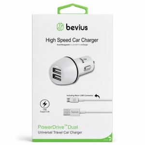 Micro USB Beyaz 15W Çift USB Kablolu Araç Şarj Cihazı Bevius BVS-AU514