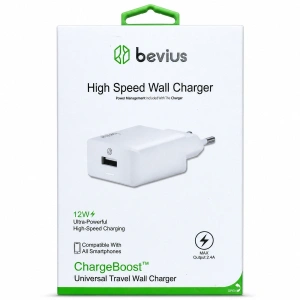 Tek USB Beyaz 12W Işıklı Duvar Şarj Cihazı Bevius BVS-CH401