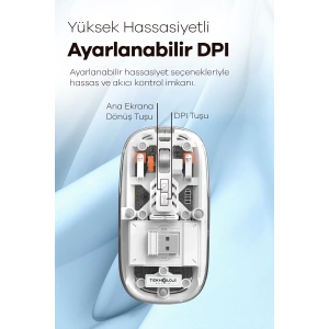 Bluetooth USB Çift Modlu Sessiz Mouse, Şeffaf Mıknatıslı Kapaklı, Type-C Şarjlı, DPI Ayarlı, Kablosuz 10m Çekim Mesafeli, Masaüstü Kısayol Tuşlu, Taşınabilir Şarjlı Mouse Beyaz ( AlpKaTek )