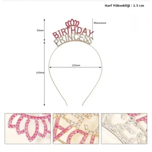 Kristal Taşlı Birthday Princess Yazılı Parti Tacı Pembe Renk