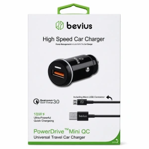 Micro USB Siyah 18W QC 3.0 Kablolu Araç Şarj Cihazı Bevius BVS-AU506