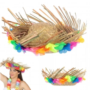 Natural Renkli Püsküllü Örme Hasır Hawaii Şapka