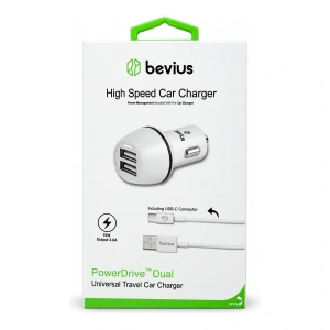 TYPE-C Beyaz 15W Çift USB Kablolu Araç Şarj Cihazı BVS-AU515