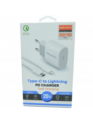 20W PD TYPE-C To İphone Şarj Aleti Megatech CC22-PD3